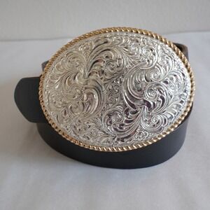 Crumrine Western Concho Belt Buckle Silver Gold Floral Filigree Leather Strap